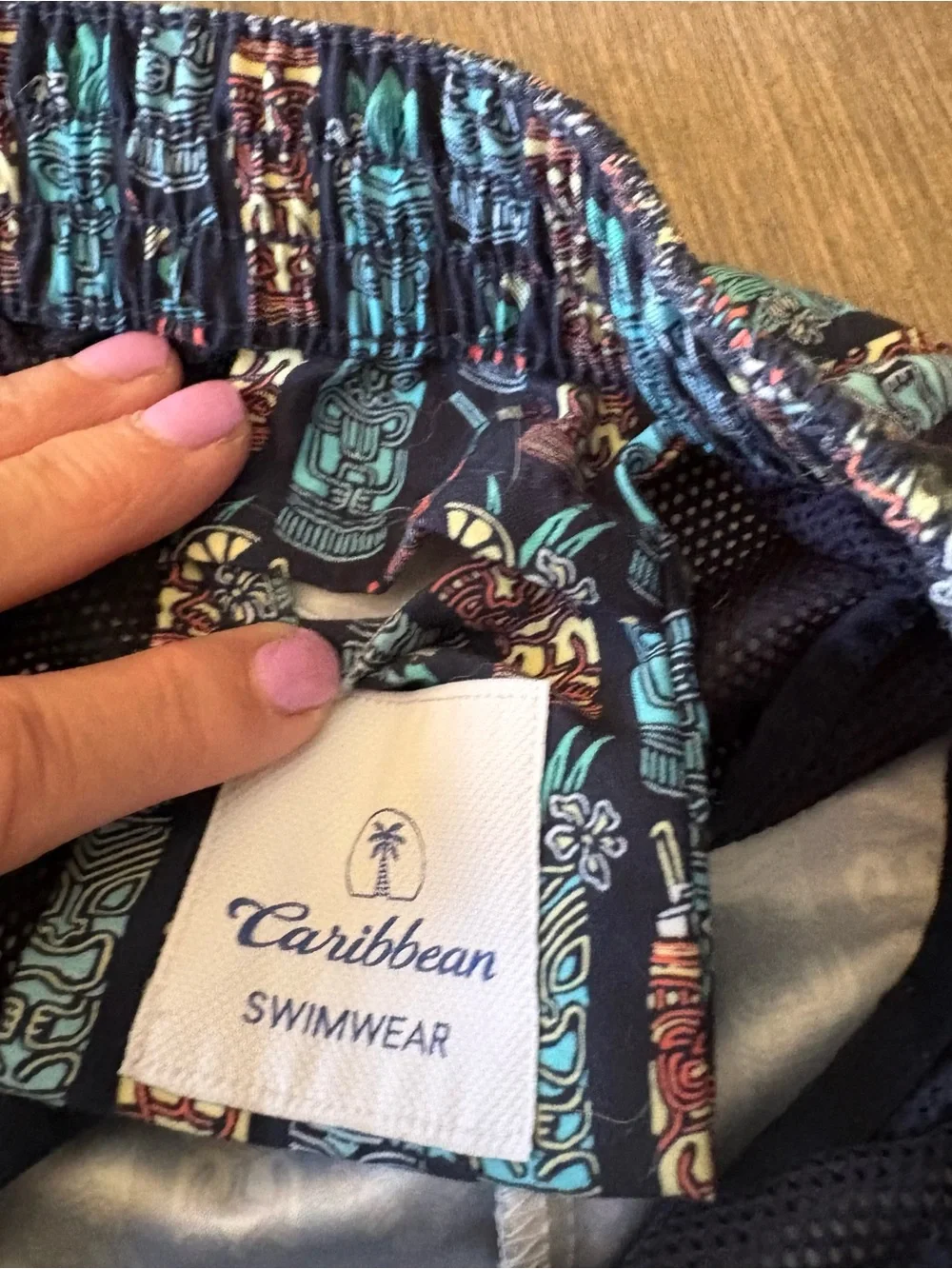 Fun🎉 Caribbean Swimwear Navy Tiki Pattern Swim Trunks with Coral Drawstring 3XL